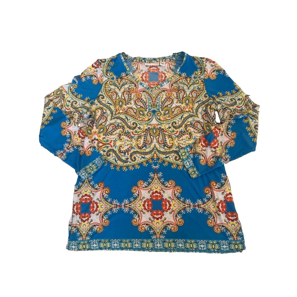SUSAN GRAVER Liquid Knit Blue Multi Paisley Tunic Top Women S Long Sleeve V Neck